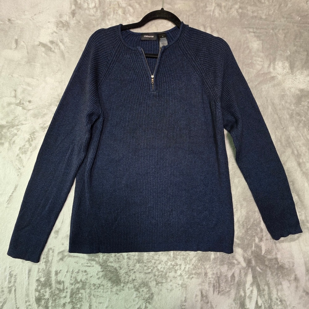 Claiborne Mens Navy Blue Ribbed Quarter Zip Raglan Sweater Medium